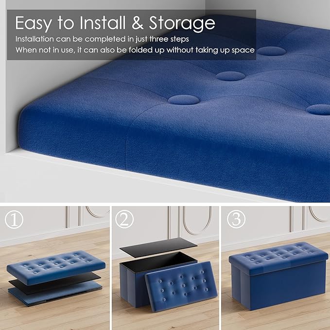 PRANDOM Jumbo Ottoman with Storage [1-Pack] Velvet Folding Small Square Foot Stool with Lid for Living Room Bedroom Coffee Table Dorm Royal Blue 43x15x15 inches-NeatNest