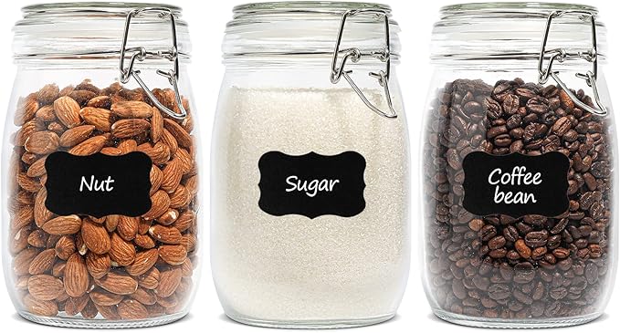 ComSaf Airtight Glass Canister Set of 3 with Lids 34oz Food Storage Jar Round - Storage Container with Clear Preserving Seal Wire Clip Fastening for Kitchen Canning Cereal,Pasta,Sugar,Beans,Spice-NeatNest