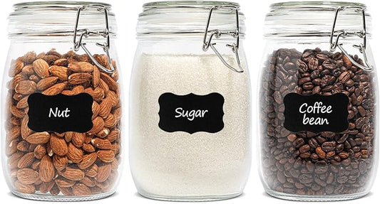 ComSaf Airtight Glass Canister Set of 3 with Lids 34oz Food Storage Jar Round - Storage Container with Clear Preserving Seal Wire Clip Fastening for Kitchen Canning Cereal,Pasta,Sugar,Beans,Spice-NeatNest