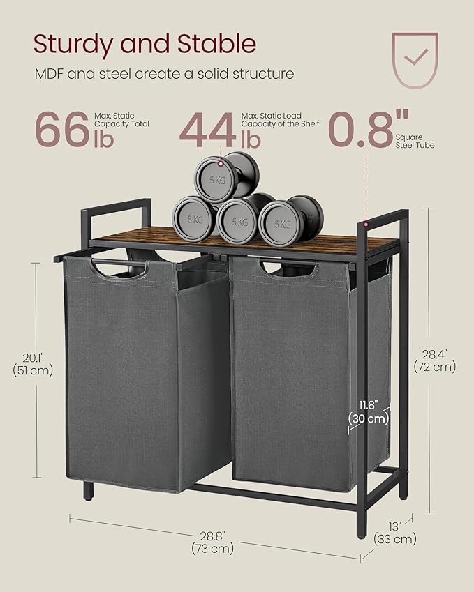 VASAGLE Laundry Hamper, Laundry Basket, Laundry Sorter with 2 Pull-Out and Removable Bags, Shelf, Metal Frame, 2 x 12.1 Gallons (46 L), 28.8 x 13 x 28.4 Inches, Slate Gray and Rustic Brown UBLH201G01-NeatNest