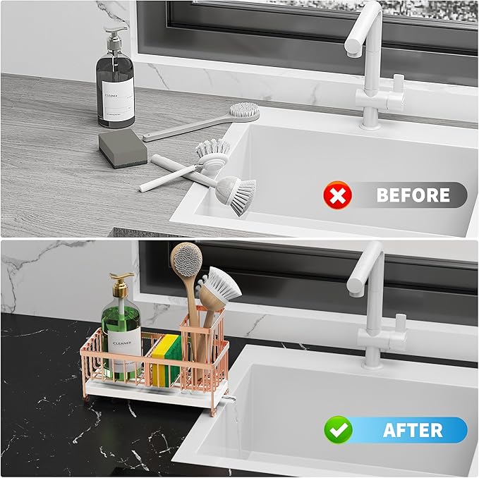 Cisily Rose Gold Sponge Holder for Kitchen Sink, Sink Caddy Organizer with High Brush Holder, Kitchen Countertop Organizers and Storage Essentials, Rustproof 304 Stainless Steel, Soap Dispenser-NeatNest
