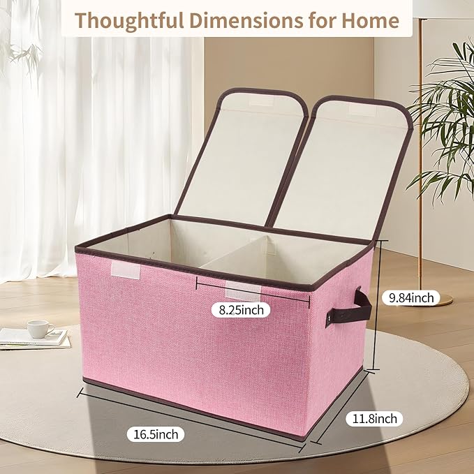 Foldable Fabric Storage Box with Double-Lid & Dividers, Large Organizer for Home, Closet, Office (Pink, 3 Packs)