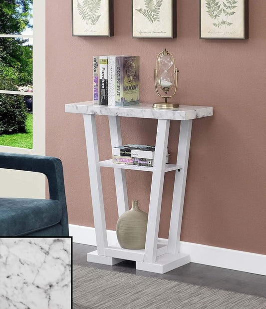 Convenience Concepts Newport V Console Table 31.5" - Modern Sofa Table with Storage Shelves, Narrow Entryway Hall Table for Living Room, Display Accent Table, White Faux Marble/White-NeatNest