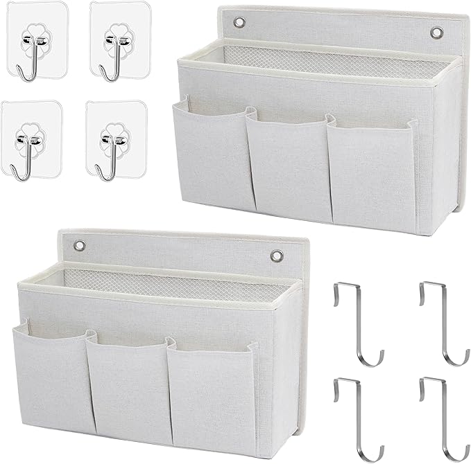 2-Pack Wall Hanging Organizer Bag/Hanging Baskets with Large Mesh Compartment & 3 Pockets，Over the Door Organizer Space Saving Storage for Bedroom,RV Camper, Closet (White-2 Pack)-NeatNest