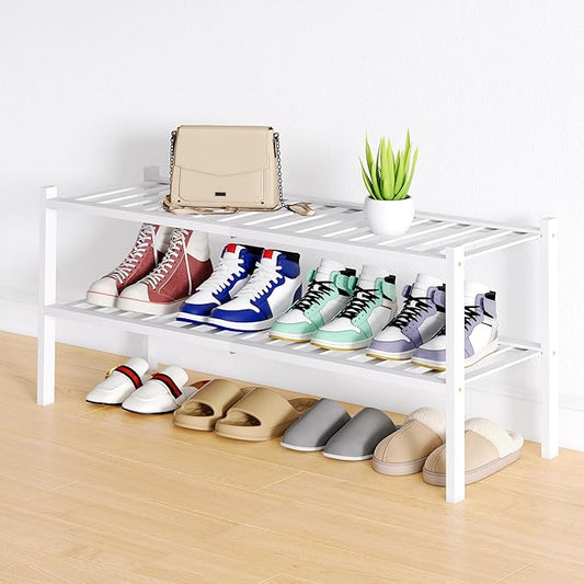 Smiry Shoe Rack, 2 Tier Long Bamboo Shoe Organizer, Stackable Free Standing Wooden Shoe Storage Shelf for Closet, Entryway, Front Door Entrance, White-NeatNest