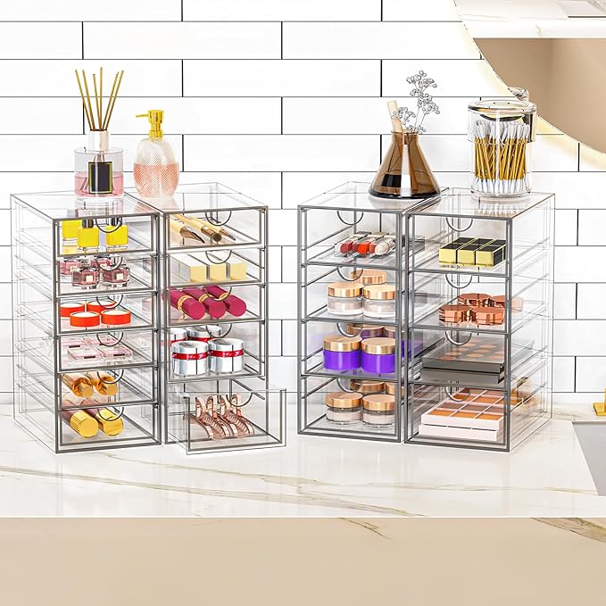 Acrylic Makeup Organizer with 19 Drawers, 4 Pack Clear Storage Drawers, Bathroom Makeup Organizer for Palettes, Cosmetic, and Beauty Supplies,Ideal for Vanity, Cabinet,Desk Organization-NeatNest