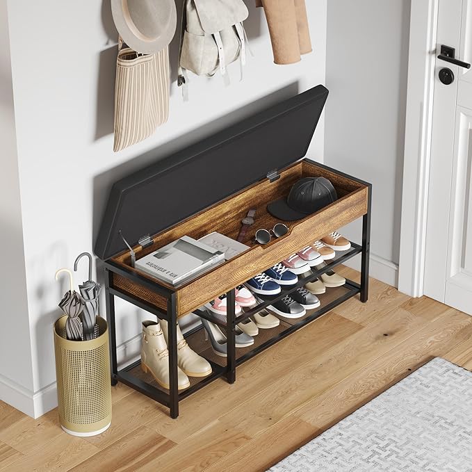 Shoe Rack Bench with Upholstered Cushion, Shoe Storage Bench with Adjustable Shelf and Hidden Storage Compartment for Hallway Entryway Living Room Rustic Brown (2-Tier)-NeatNest