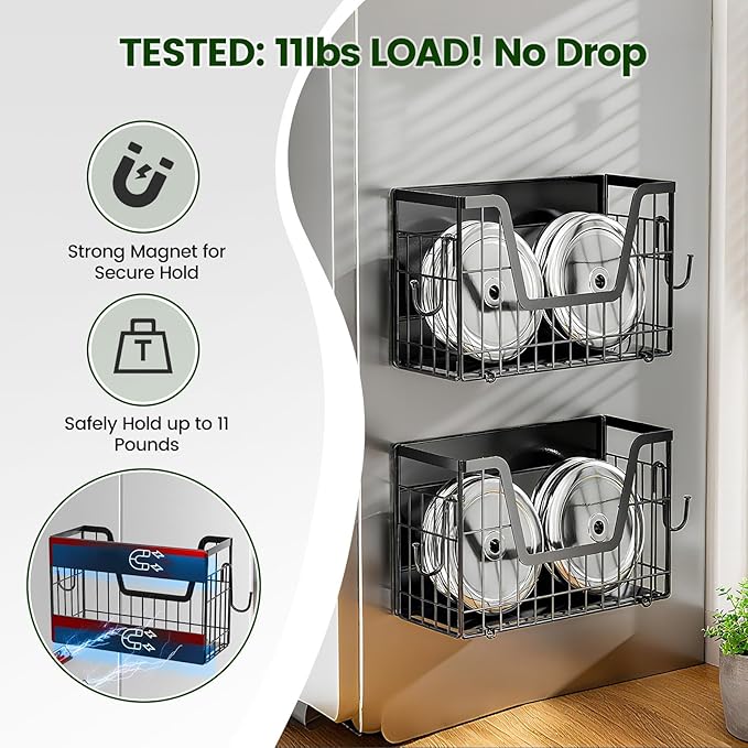Heavy Duty Magnetic Shelf for Fridge(2-Pack), Magnetic Storage Basket, No Assembly Space Saving Fridge Organizer for Fruits, Veggies, Snacks & Laundry