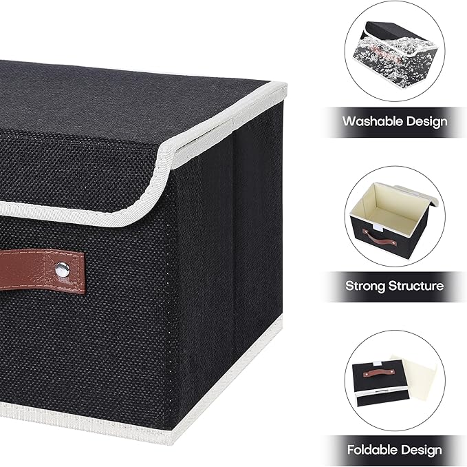 ANMINY 2PCS Storage Bins with Lid PU Leather Handles Storage Boxes PP Plastic Board Decorative Foldable Lidded Cotton Linen Fabric Home Cubes Baskets Closet Organizer Containers - Black, Large Size-NeatNest