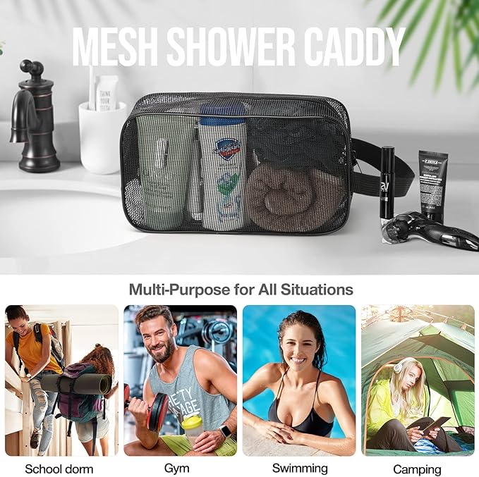 Mesh Shower Caddy Mash Shower Bag Black Portable Mesh Accessories Organizer Tote for Gym College Dorm Room (Black)-NeatNest
