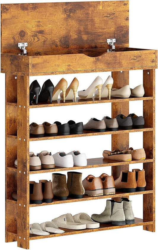 soges 5-Tier Wooden Shoe Rack with Storage Cabinet, 29.5 inches Vertical Free Standing Shoe Shelf, Shoe Organizer Storage Cabinet for Entryway, Living Room, Hallway, Doorway, Rustic Brown-NeatNest