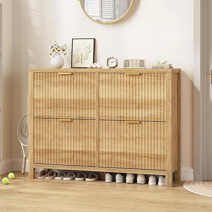 Shoe Cabinet Storage for Entryway, Fluted Shoe Cabinet with 4 Flip Drawers, Hidden Shoe Rack Freestanding Wooden Shoe Organizer with Legs for Hallway, Oak-NeatNest