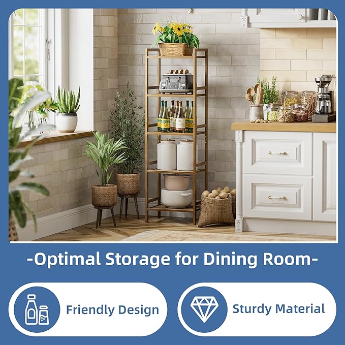 HITNET Bamboo Book Shelf, Tall Narrow Bookcase, Bathroom Shelving Unit 5 Tier Floor Standing Adjustable Bookshelf for Small Spaces, Walnut