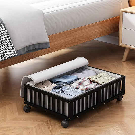 Bamboo Under Bed Storage Containers with Wheels, Rolling Under the Bed Shoe Storage Bins, Wood Stackable Underbed Drawers with Bag Organizer for Bedroom Closet Clothing Sweater Under Crib Toy Black-NeatNest
