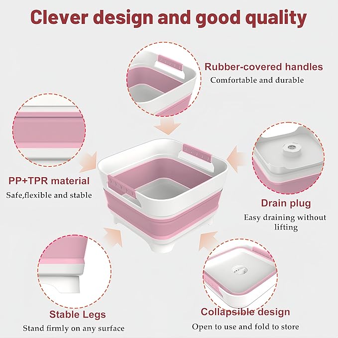 2.4 Gal Collapsbile Wash Basin with Drian Plug,9L Dish Pan for Soaking Baby Bottles,Portable Sink, Multiuse Foldable Bucket,Ice Beverage Tubs for Camping, Vegetable Washing, RV (Pink)-NeatNest