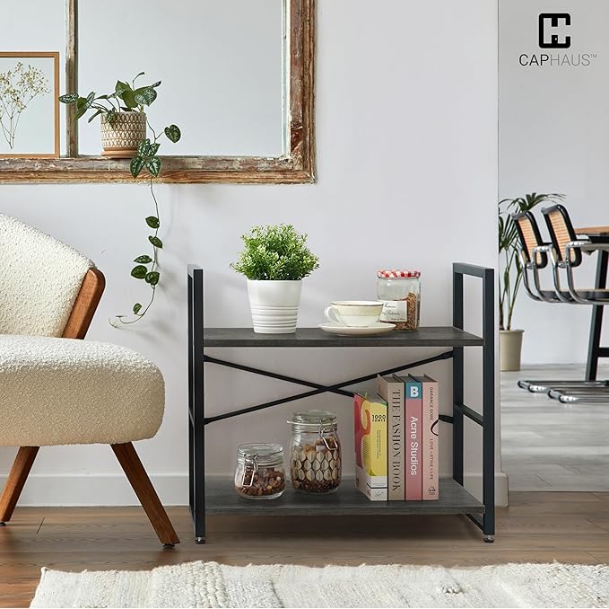 CAPHAUS 2 Tier Small Bookshelf, 24 Inch Width Free Standing Shelf, Bookcase Shelf Storage Organizer, Industrial Book Shelves for Home Office, Living Room, Dark Grey Shelves & Metal Frame-NeatNest