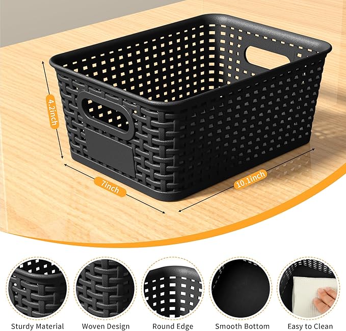 Black Plastic Storage Baskets - Pack of 8 with Labels Stackable Durable Storage Bins, Storage Containers for Organizing Desktops, Closets, Playrooms, Classrooms, Offices-NeatNest