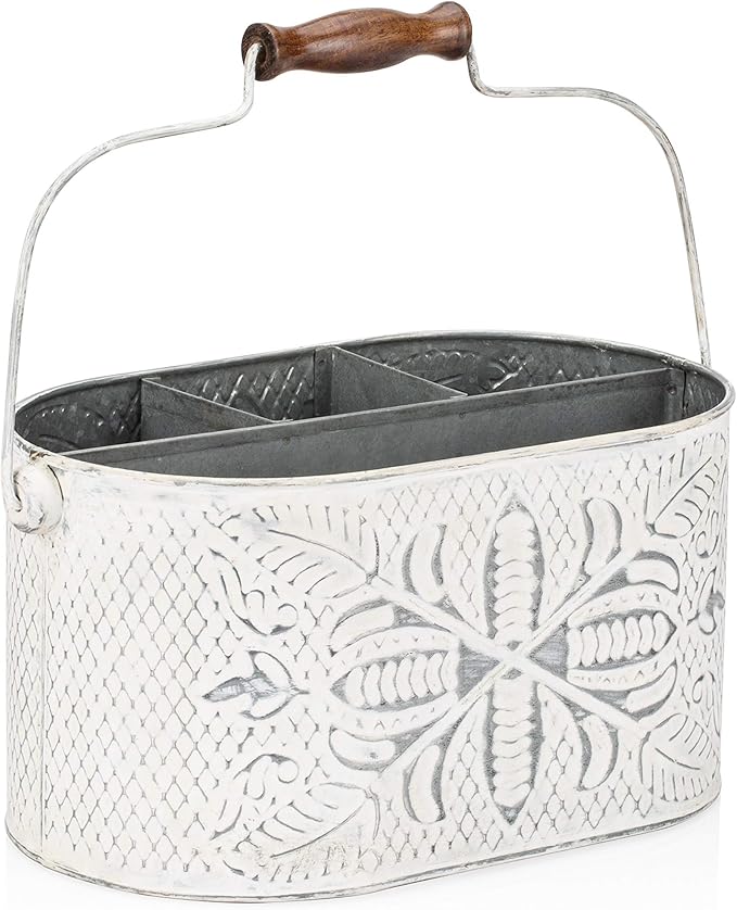 CRAFTSMAN ROAD Distressed White Metal Caddy – Farmhouse Galvanized Kitchen Organizer with Handle – Vintage Rustic Multi-Compartment Holder for Napkins, Plates, Cutlery, Flatware, Cleaning Supplies-NeatNest