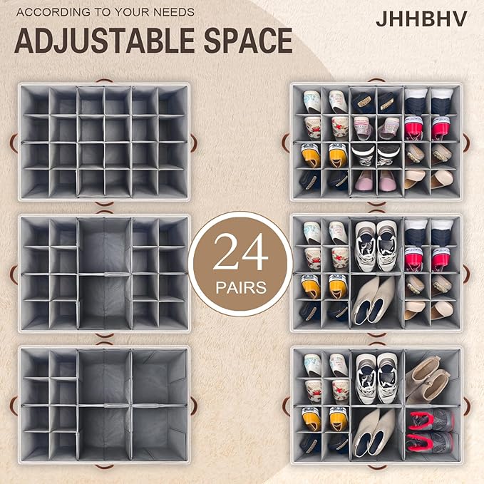 2 Pack Shoe Organizer for Closet, Adjustable Shoe Box Storage Containers, Large Foldable Shoe Bins with Clear Cover, Space Saving Shoes Holder with 4 Handles, Fits 24-48 Pairs, Beige-NeatNest