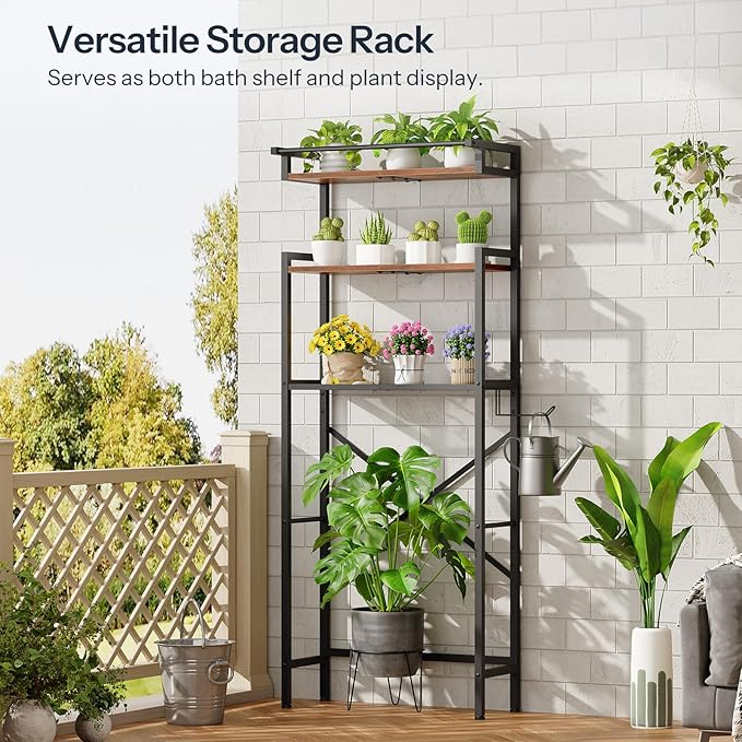 HOOBRO Over-The-Toilet Storage Rack, 3-Tier Bathroom Shelves Above Toilet, Bathroom Organizer with Toilet Paper Hook, Laundry Room, Space Saver, Rustic Brown and Black BF21TS01
