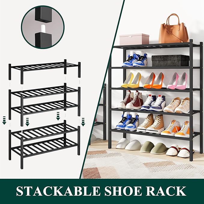 Smiry Shoe Rack, 3 Tier Bamboo Shoe Organizer, Stackable Free Standing Wooden Shoe Storage Shelf for Closet, Entryway, Front Door Entrance, Black-NeatNest
