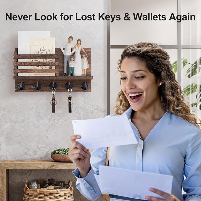 Key Holder for Wall – Decorative Wooden Mail Holder and Key Shelf with Mounting Hardware, Installation Guide – Paulownia Wood with 5 Metal Key Hooks (11.8” x 6.7” x 2.8”)