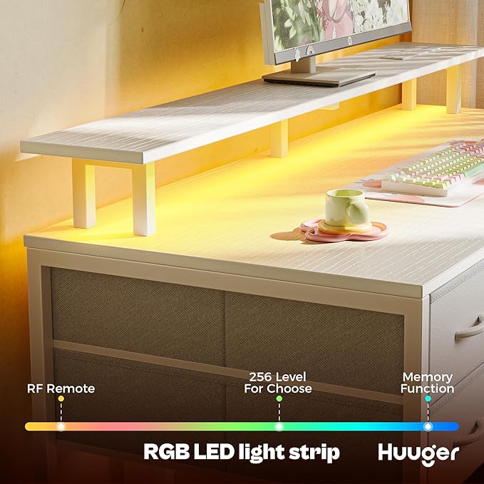 Huuger 47 inch Computer Desk with 4 Drawers, Gaming Desk with LED Lights & Power Outlets, Home Office Desk with Large Storage Space for Bedroom, Work from Home, White-NeatNest