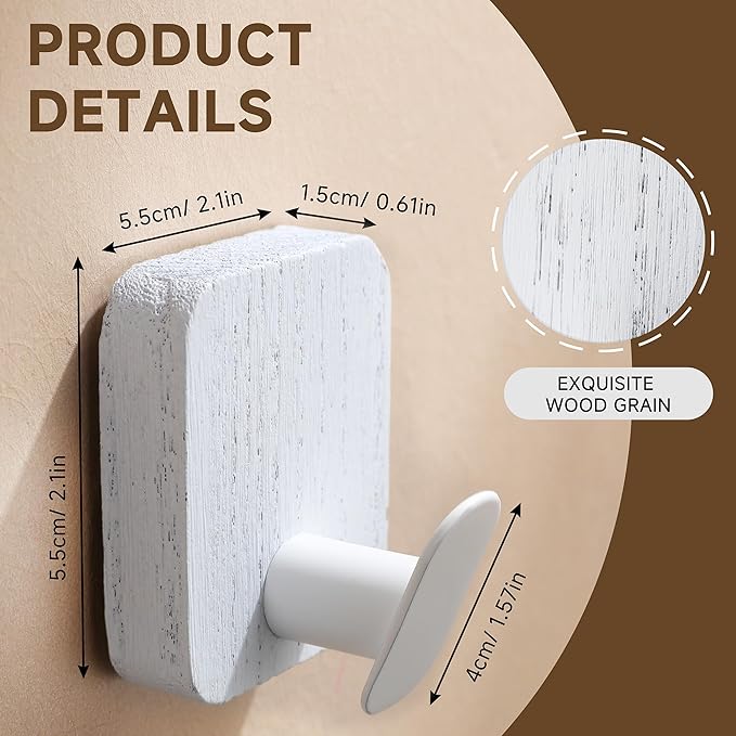 DELITON Wood Wall Hooks, Adhesive Towel Hooks for Hanging Wall Mounted, 4 Packs Coat Robes Hats Command Hook Heavy Duty No Damage, White-NeatNest