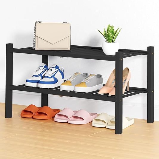 Smiry Shoe Rack, 2 Tier Thick Bamboo Shoe Organizer, Stackable Free Standing Wooden Shoe Storage Shelf for Closet, Entryway, Front Door Entrance, Black-NeatNest
