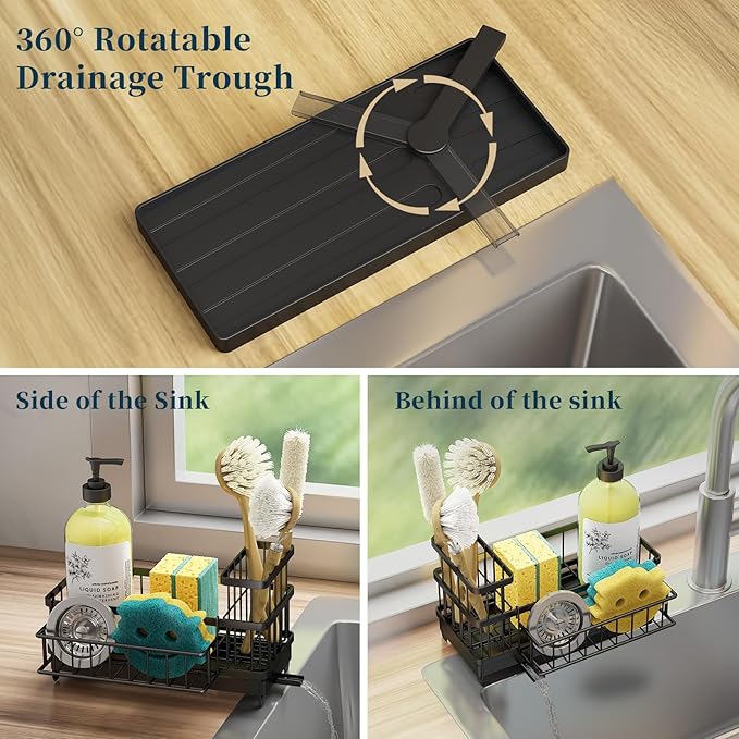 Consuemst Sponge Holder for Kitchen Sink - Auto Draining Sink Caddy Organizer with Detachable Rack, High Brush Holder, Kitchen Countertop Storage Accessories, Black-NeatNest