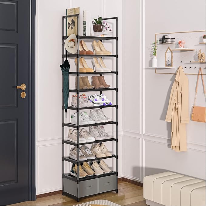 Tall Shoe Rack Narrow 10 Tier Shoes Rack 20 25 Pairs, Shoe Storage Organizer for Closet, Sturdy Metal Shoe Shelf Shoe Stand with 2 Boxes 1 Hook-NeatNest