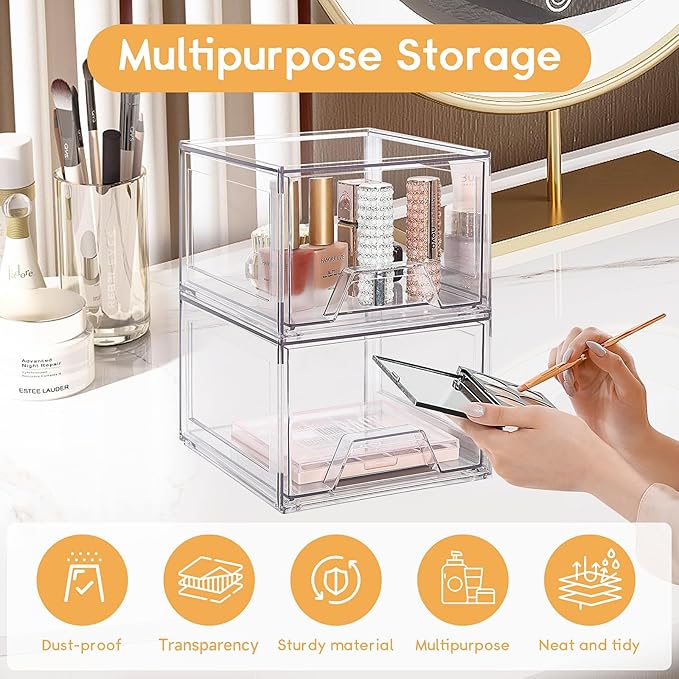 2 Pack Stackable Makeup Organizer, 4.4'' Tall Acrylic Bathroom Organizer and Storage Drawers, Clear Plastic Drawer Storage Bins For Vanity, Undersink, Cabinets, Pantry-NeatNest