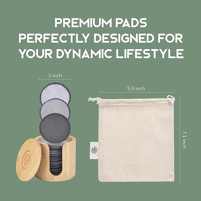 Greenzla Reusable Makeup Remover Pads Premium Set, 12 Pack Microfiber Cotton Pads, Charcoal Cotton Rounds, Bamboo Terry Face Wipes for All Skin Types with Mesh Laundry Bag and Bamboo Storage-NeatNest