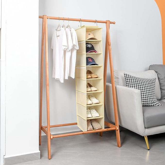 Hanging Shoe Organizer for Closet with Side Mesh Pockets，Hat Racks for Baseball Caps，Shoe and Hat Holder & Storage，8-Shelf，Beige，1 Pack-NeatNest