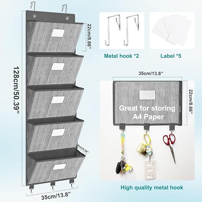 homyfort Over the Door File Organizer, Hanging File Folders, Wall Organizers and Storage for Mail, Magazine, Notebooks, Planners, Office, Classroom, 5 Extra Large Pockets, 50.39” Tall (Grey)-NeatNest