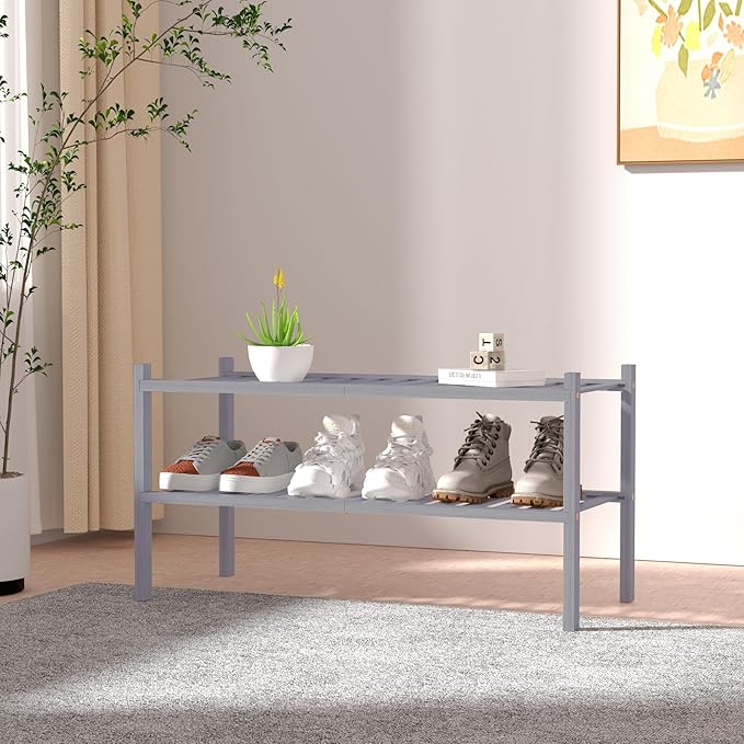 2 Tier Bamboo Shoe Rack for Closet Free Standing Wood Shoe Shelf for Entryway Small Space Stackable 27"x11"x13" (Grey)-NeatNest