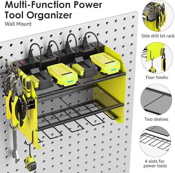 CCCEI Modular Power Tool Organizer Wall Mount with Charging Station. Garage 4 Drill Storage Shelf with Hooks, Screwdriver, Drill Bit Heavy Duty Rack, Tool Battery Holder Built in 8 Outlet Power Strip.-NeatNest