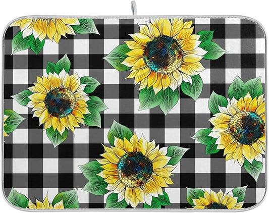 Absorbent Dish Drying Mat for Kitchen Counter - Sunflower Lattices Vintage Microfiber Drying Pad, Reversible Drainer Mats for Countertop, Small 16" x 18"