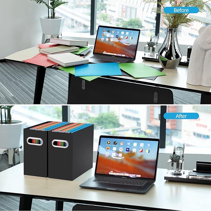 Oterri File Organizer, 4 Packs Small Storage Box, Cardboard File Folder Organizer, Collapsible File Box for Hanging File Folders Letter Size, Portable Filing Organizer with Handle（Black）