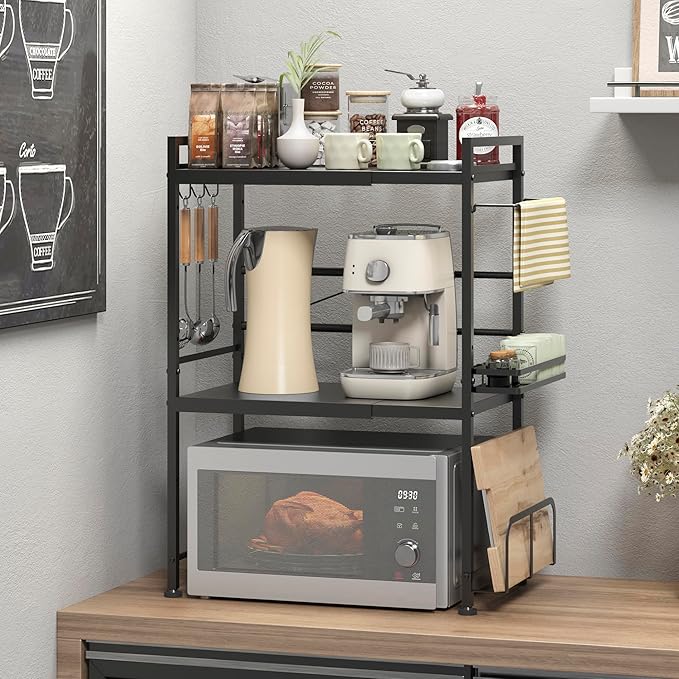 DOLALIKE Microwave Oven Rack, Expandable Microwave Stand Countertop Kitchen Utensils Tableware Storage, Carbon Steel Over Microwave Shelf Countertop with 6 Hooks-NeatNest