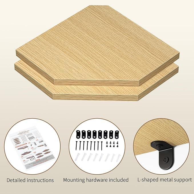 Corner Shelf Wall Mount, Floating Corner Shelves, Set of 2 Corner Wall Shelf Organizer, Rustic Wood Wall Storage Display Shelves for Living Room Bedroom Bathroom Kitchen, Rustic Brown, Oak-NeatNest