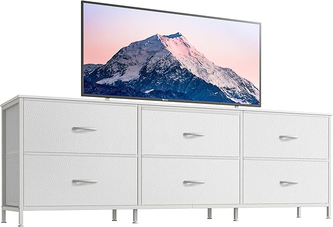 Huuger 63 Inch Long Dresser for Bedroom, Wide TV Stand for 55, 65, 70 Inch TV, 6 Drawer Dresser for Closet with Fabric Drawers, Storage Organizer for Bedroom, Entryway, PU Leather, White-NeatNest