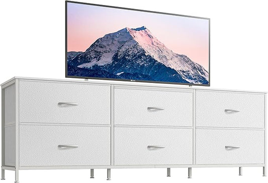 Huuger 63 Inch Long Dresser for Bedroom, Wide TV Stand for 55, 65, 70 Inch TV, 6 Drawer Dresser for Closet with Fabric Drawers, Storage Organizer for Bedroom, Entryway, PU Leather, White-NeatNest