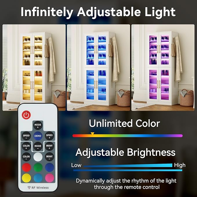 LITTLE TREE Stylish 8-Tier Vertical Shoe Rack with Built-in LED Lighting, Doors for Dust Protection, and Convenient External Hooks, Shoe Cabinet for Entryway, Living Room, Bedroom, White