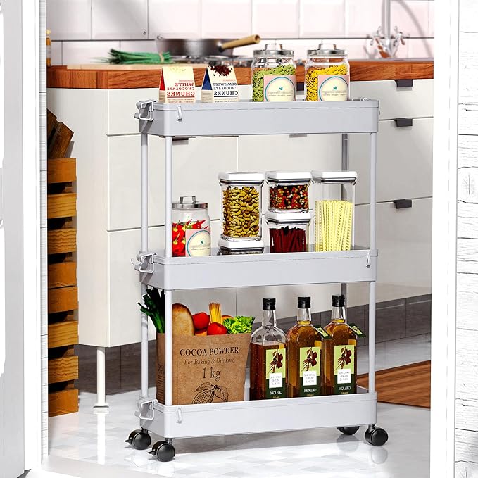SPACEKEEPER Slim Rolling Storage Cart, 3 Tier Storage Organizer Laundry Room Organizer Mobile Shelving Unit, Multi-Purpose for Kitchen Office Bathroom Laundry Narrow Places, Gray-NeatNest