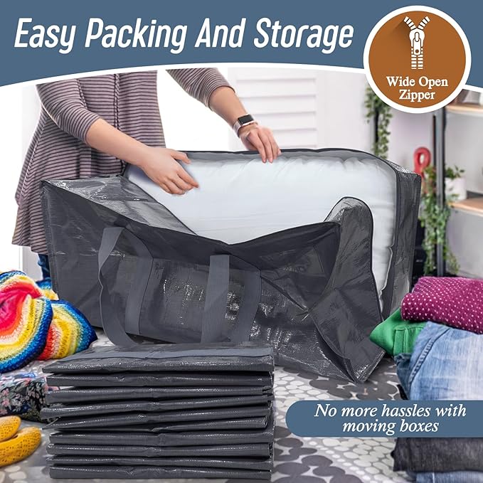 12 Pack Extra Heavy Duty Large Moving Bags with Strong Zipper & Comfortable Handles, Sturdy & Durable Clothes Storage Bags Totes Bins, Packing Moving Boxes for College Supplies, Gray-NeatNest