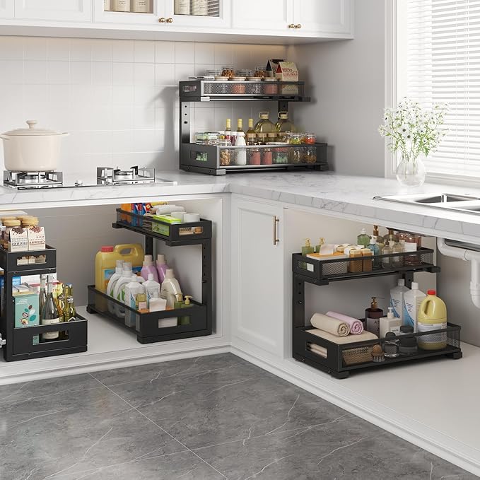 2 Pack 17IN Depth Under Sink Storage Organizer, Large 2-Tier Elegant Mesh Pull Out Shelf for Kitchen and Bathroom Cabinet Organization, L-Shaped and Adjustable Height Design-Black-NeatNest