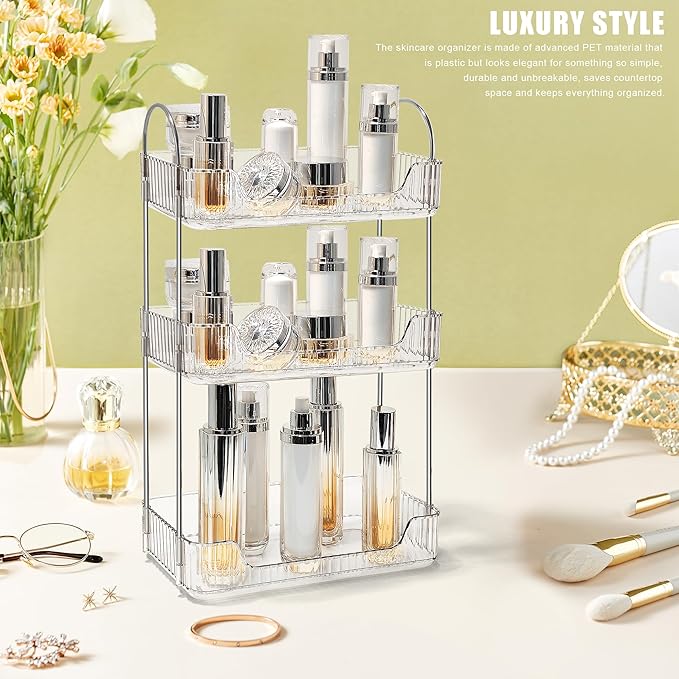 Bathroom Counter Organizer Countertop Storage Skincare Countertop Makeup Organizer Cosmetics Skincare Organizers Holder for Perfume-Clear White-Silver Pole-3 Tier-NeatNest