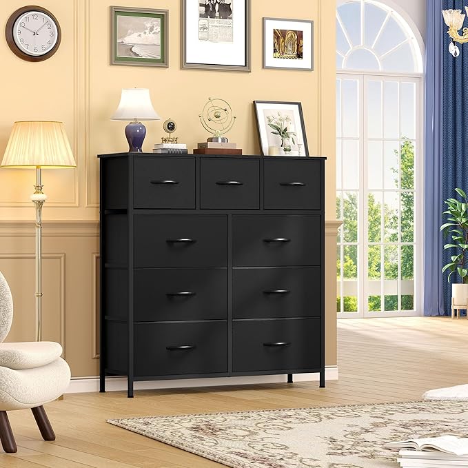 DWVO Dresser with 9 Drawers - Fabric Storage Tower, Organizer Unit for Living Room, Hallway - Sturdy Steel Frame, Wooden Top & Easy Pull Fabric Bins (Black)-NeatNest