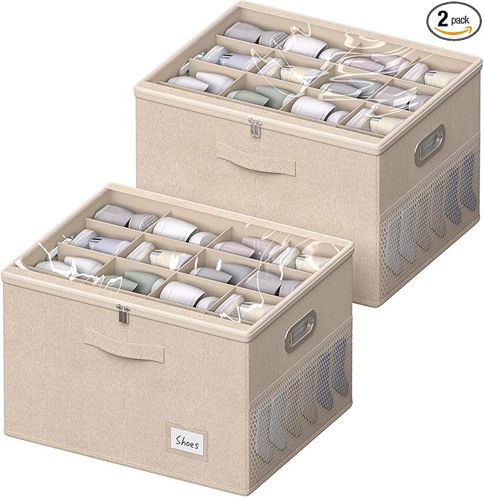 2 Pack Shoe Organizer for Closet Large Shoe Box Storage Containers with Clear Window Space Saving Shoe Bin with Foldable Bottom Support Adjustable Dividers Fits 32 Pairs (Beige, (19.7x15.7x13inch)x2)-NeatNest